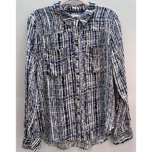Holding Horses Women’s Sz 10 Navy/White Pockets Button Long Sleeve Blouse